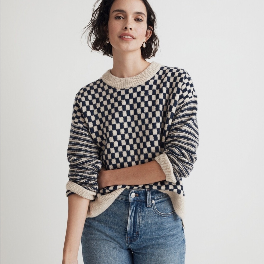 Madewell alpaca blend Crewneck Sweater in Checked Stripe navy cream small
